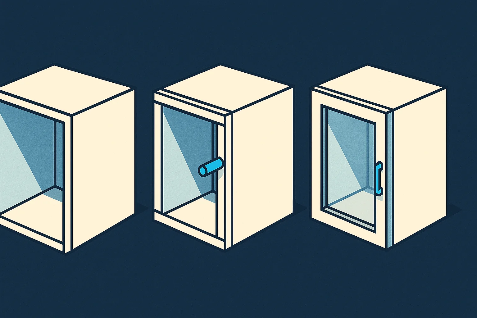 Illustration of three cabinet boxes side by side with increasing joinery and hardware detail.