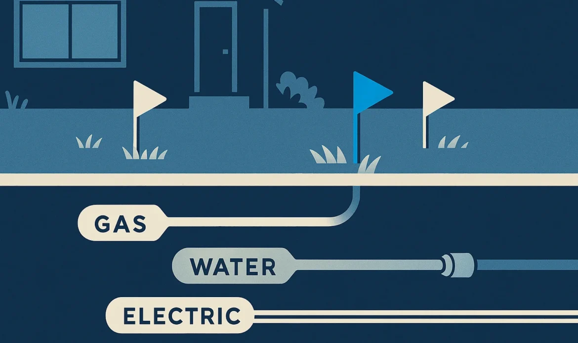 Illustration of a yard cutaway showing buried gas, water, and electric lines beneath marking flags.