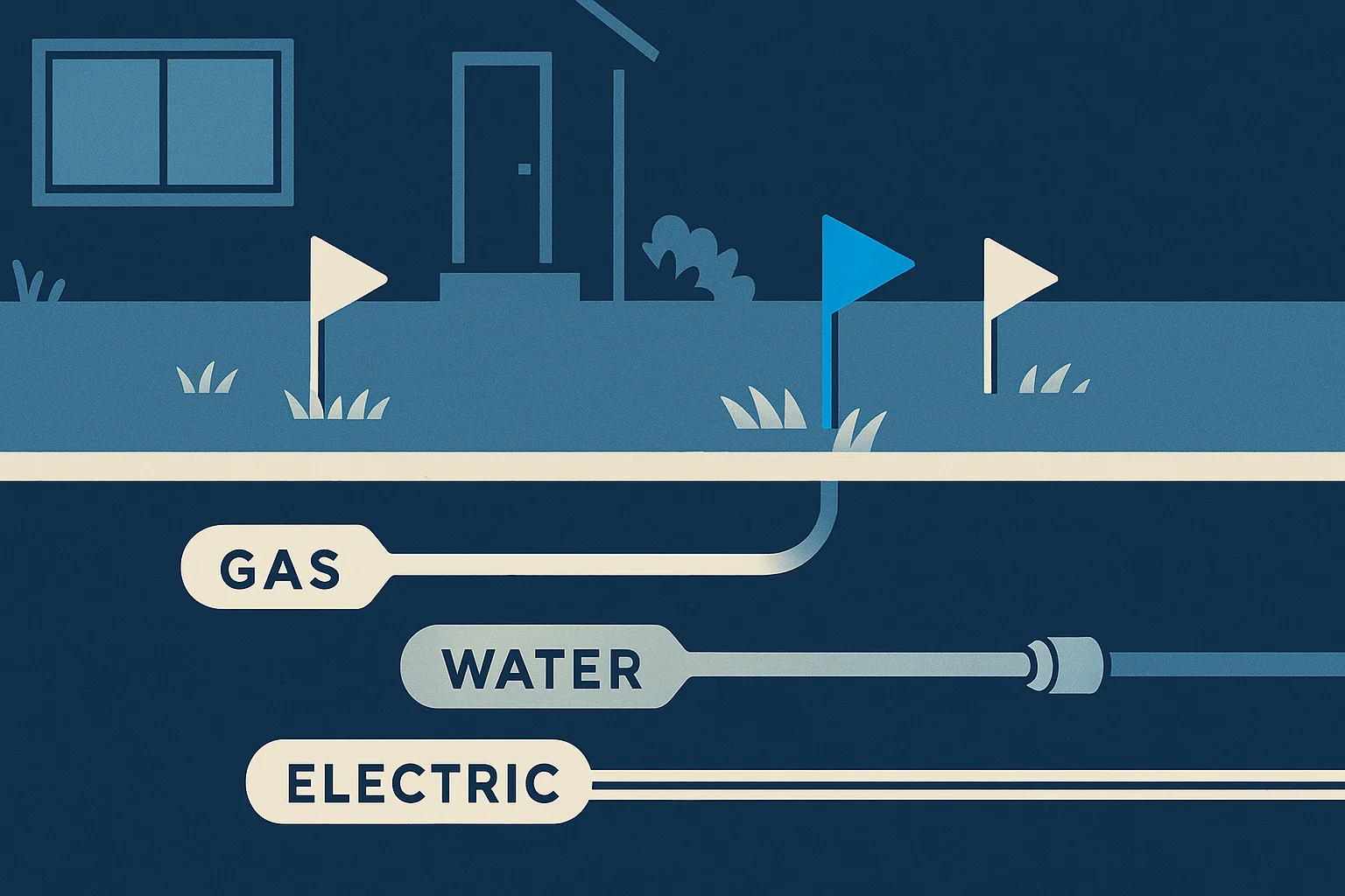 Illustration of a yard cutaway showing buried gas, water, and electric lines beneath marking flags.