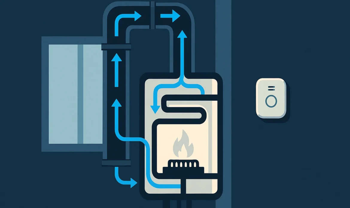 Illustration of a cross section of a gas appliance flue with its combustion air path and a wall mounted detector.