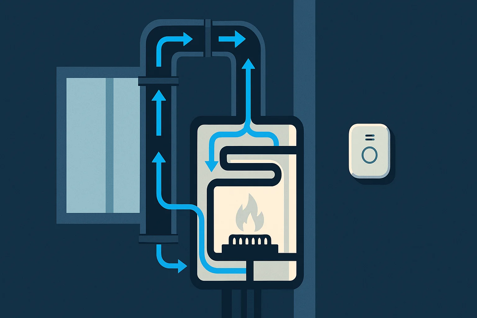 Illustration of a cross section of a gas appliance flue with its combustion air path and a wall mounted detector.