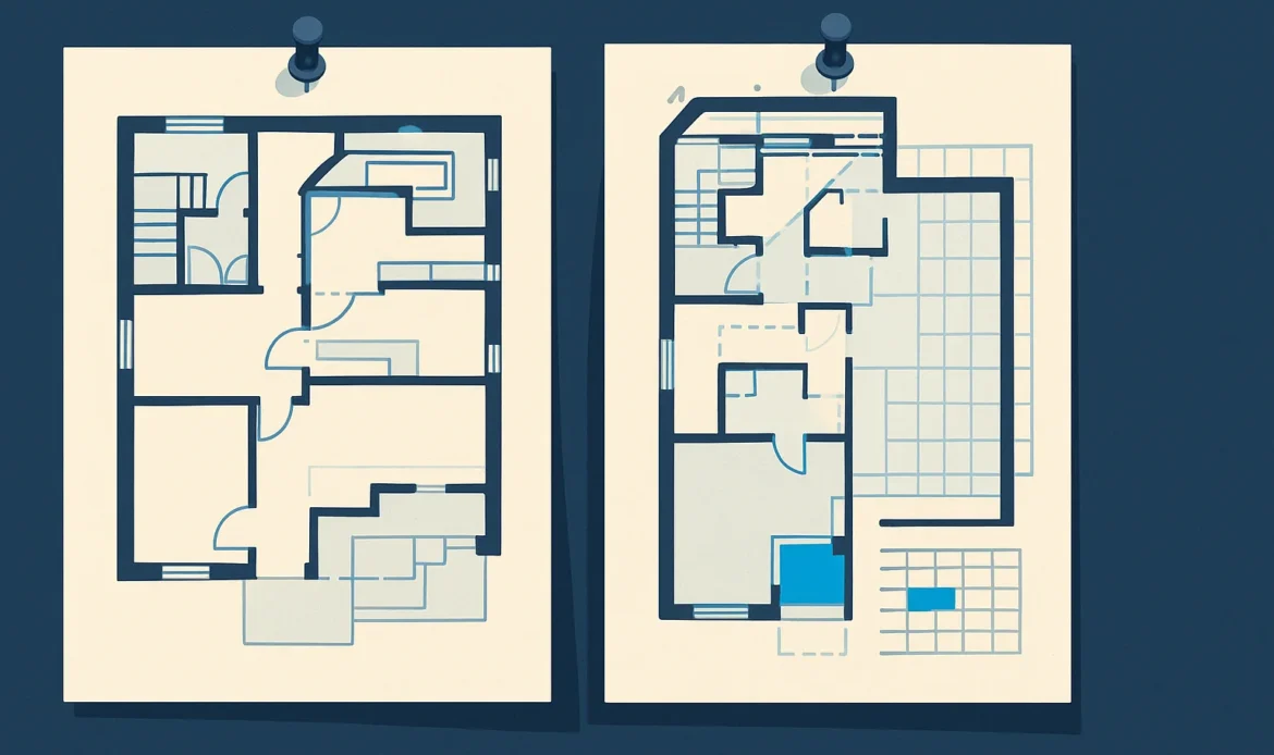 Illustration of an original plan sheet with a revised overlay pinned beside it and an inserted block in a schedule bar.