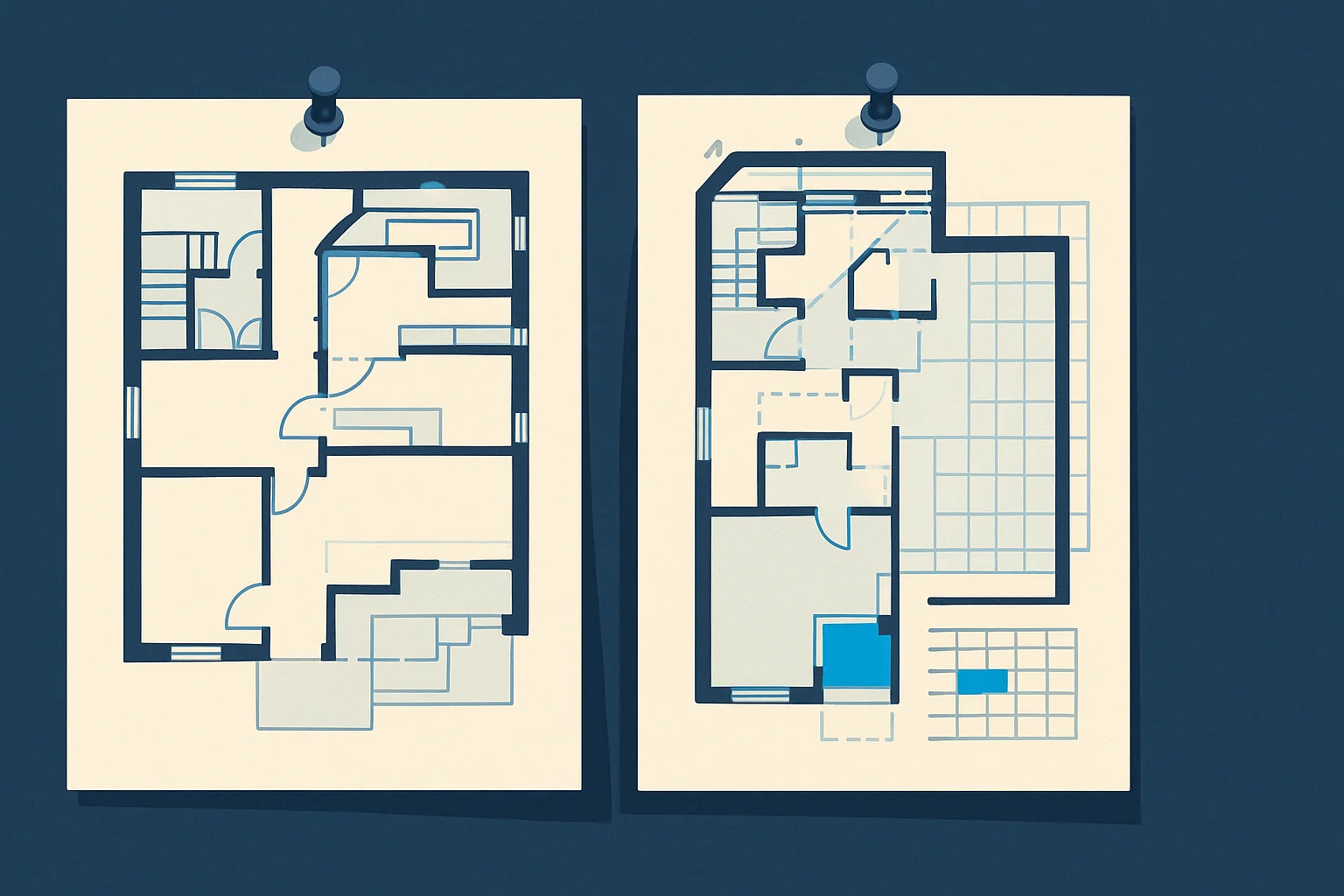 Illustration of an original plan sheet with a revised overlay pinned beside it and an inserted block in a schedule bar.