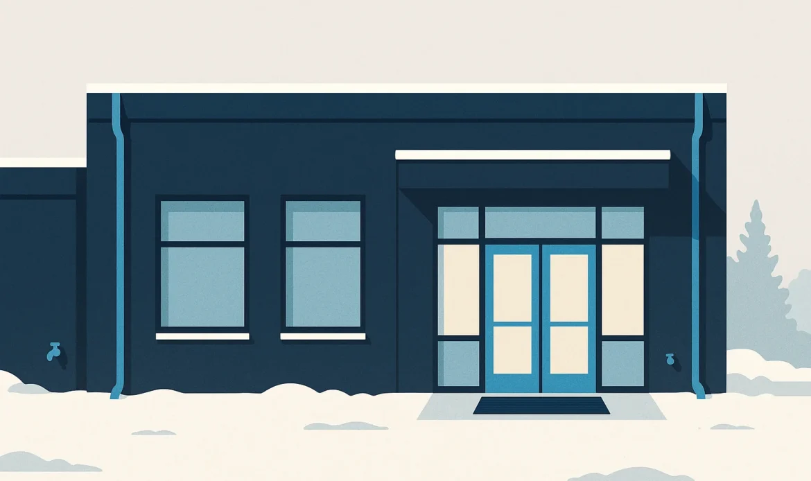 Illustration of a commercial building elevation in winter with roof drains, exterior hose bibs, and entry matting indicated.