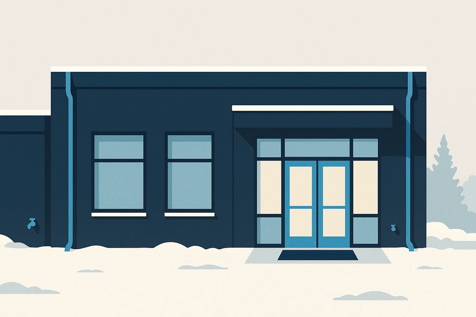 Illustration of a commercial building elevation in winter with roof drains, exterior hose bibs, and entry matting indicated.