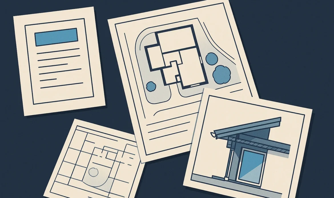 Illustration of a permit application, site plan, and roof section drawing arranged on a drafting surface.