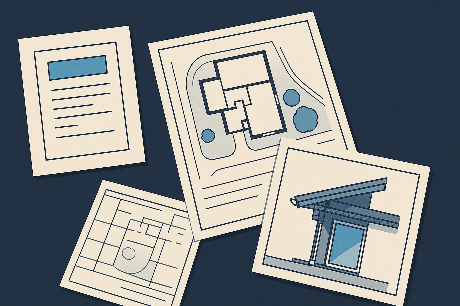 Illustration of a permit application, site plan, and roof section drawing arranged on a drafting surface.