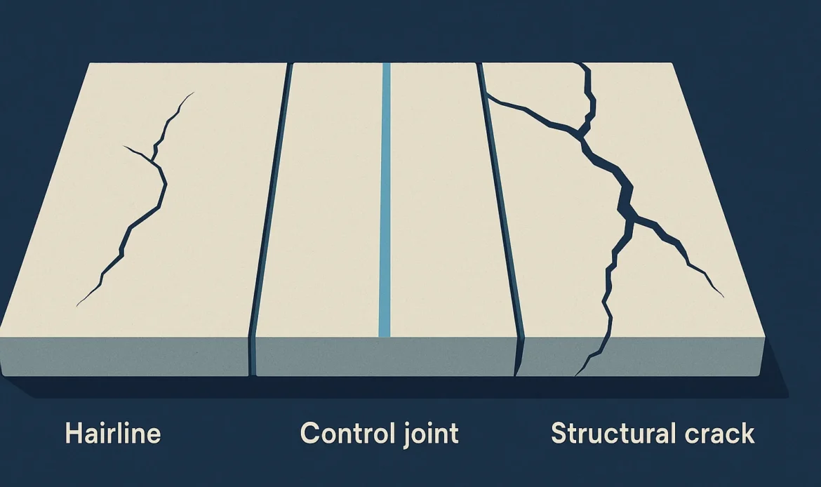 Illustration of a concrete slab surface comparing hairline, control joint, and structural crack patterns.