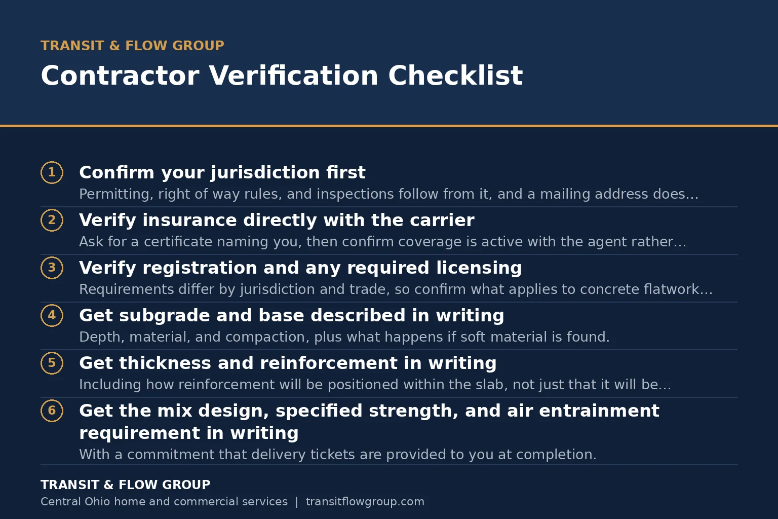 Checklist graphic summarizing contractor verification checklist. - Transit & Flow Group Checklist graphic summarizing contractor verification checklist.