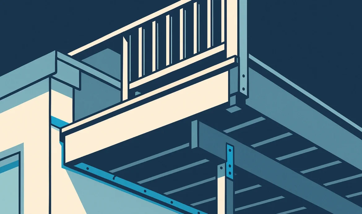 Illustration of a deck underside showing ledger attachment, flashing, joist hangers, and a railing post connection.