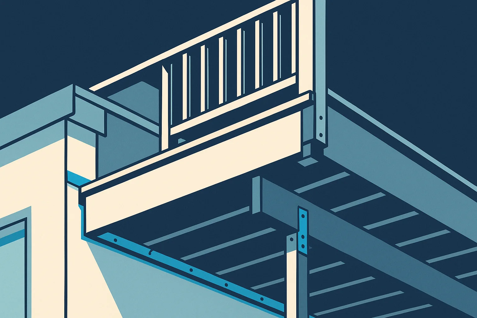 Illustration of a deck underside showing ledger attachment, flashing, joist hangers, and a railing post connection.