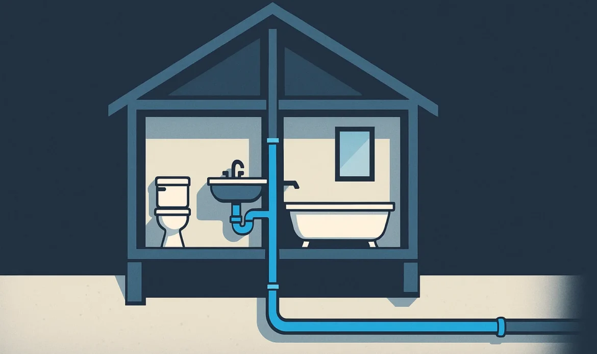 Illustration of a whole house drainage cutaway showing fixture traps, the stack, the building drain, and the sewer lateral.