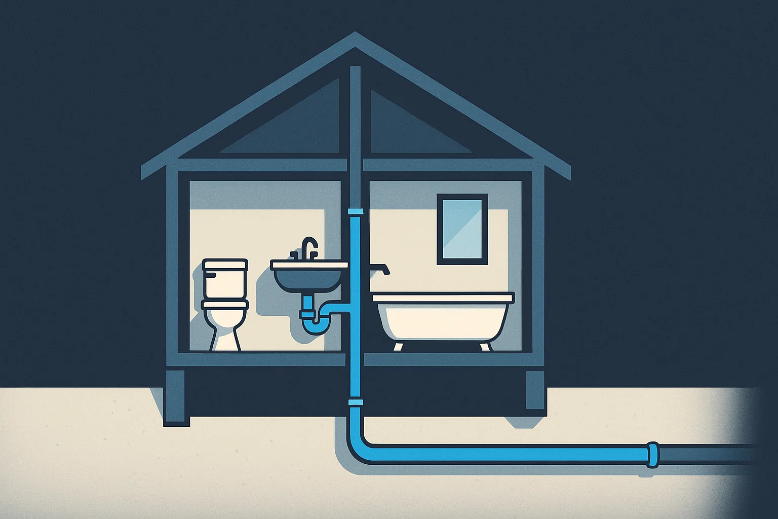 Illustration of a whole house drainage cutaway showing fixture traps, the stack, the building drain, and the sewer lateral.