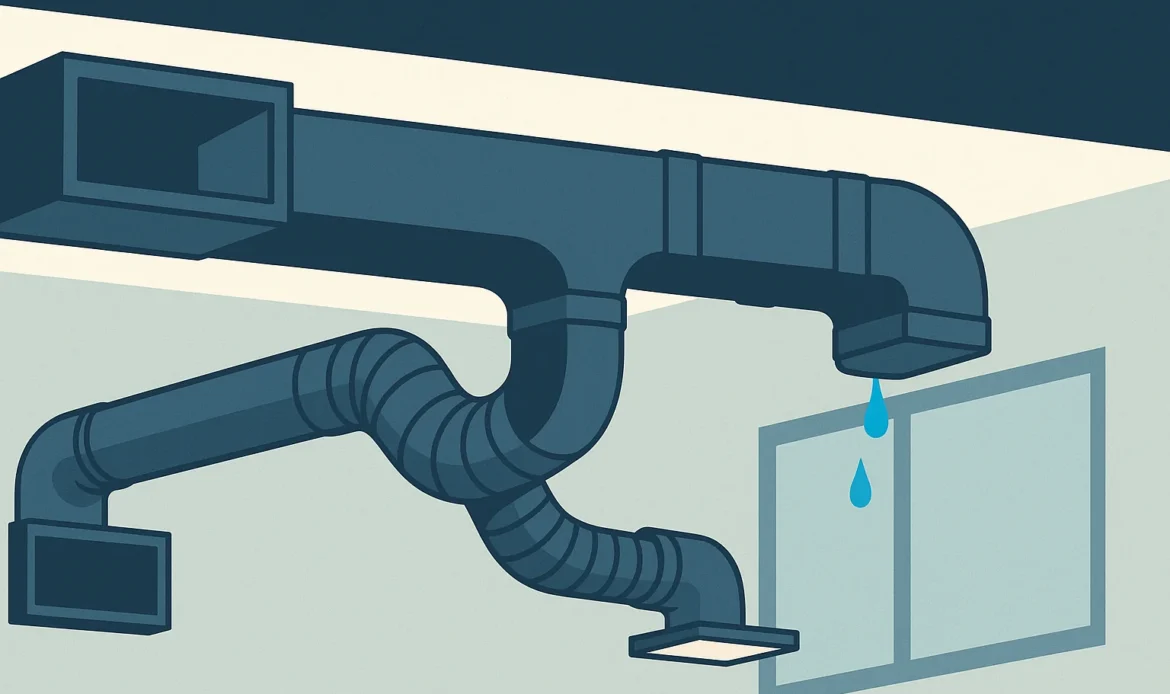 Illustration of a duct trunk and branch layout showing an undersized return, a crushed flexible run, and a leaking joint.