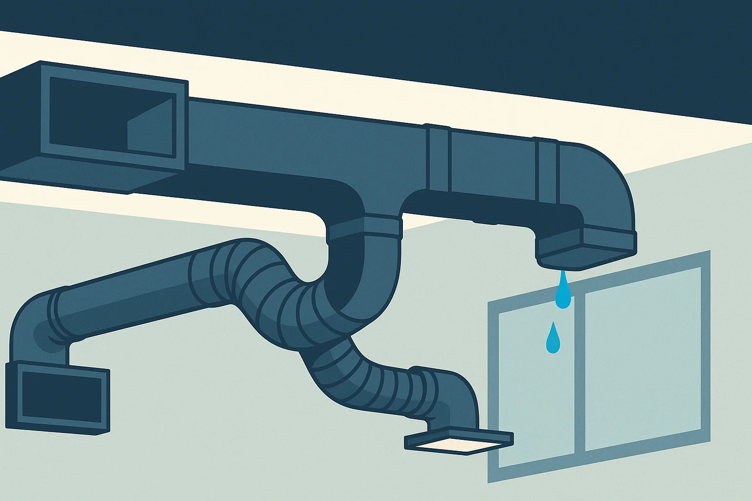 Illustration of a duct trunk and branch layout showing an undersized return, a crushed flexible run, and a leaking joint.