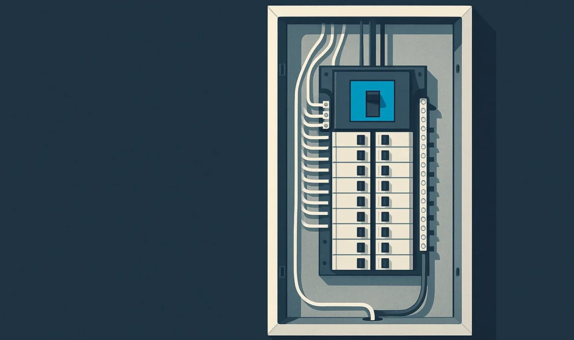 Illustration of an open electrical panel with organized branch circuits, the main breaker, and the grounding conductor.