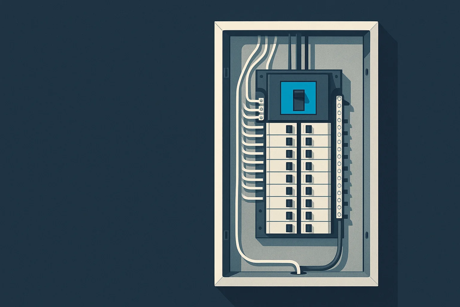 Illustration of an open electrical panel with organized branch circuits, the main breaker, and the grounding conductor.