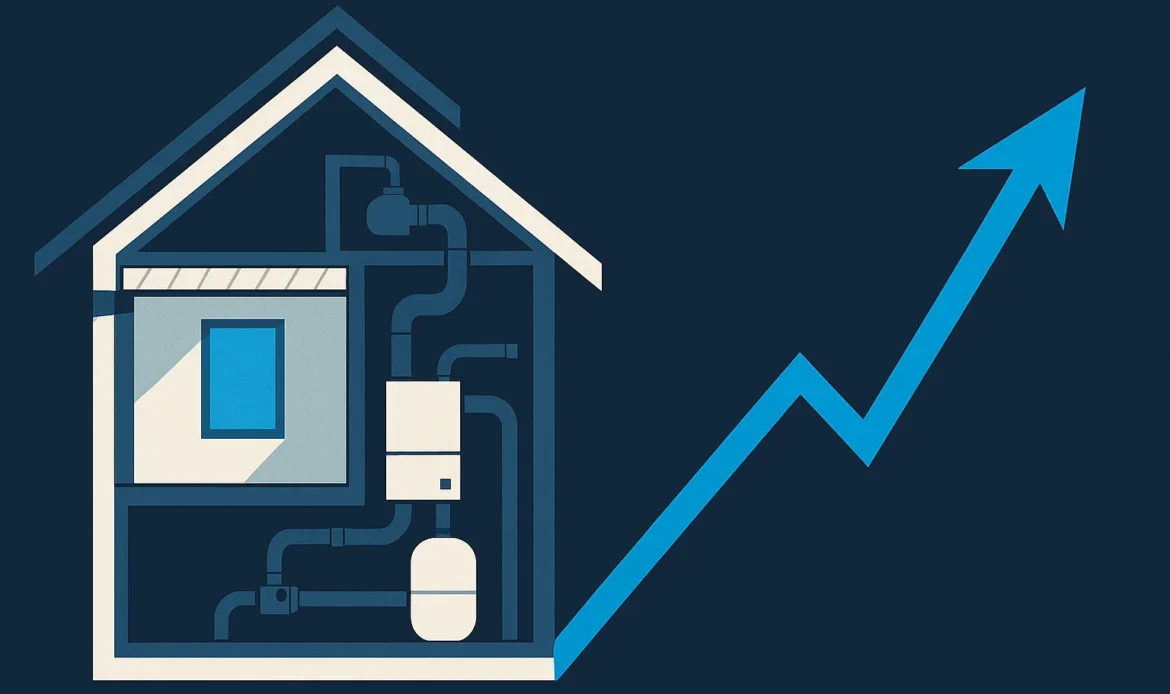 Illustration of a house cross section with insulation, window, and mechanical upgrades beside a rising curve drawn as abstract geometry.