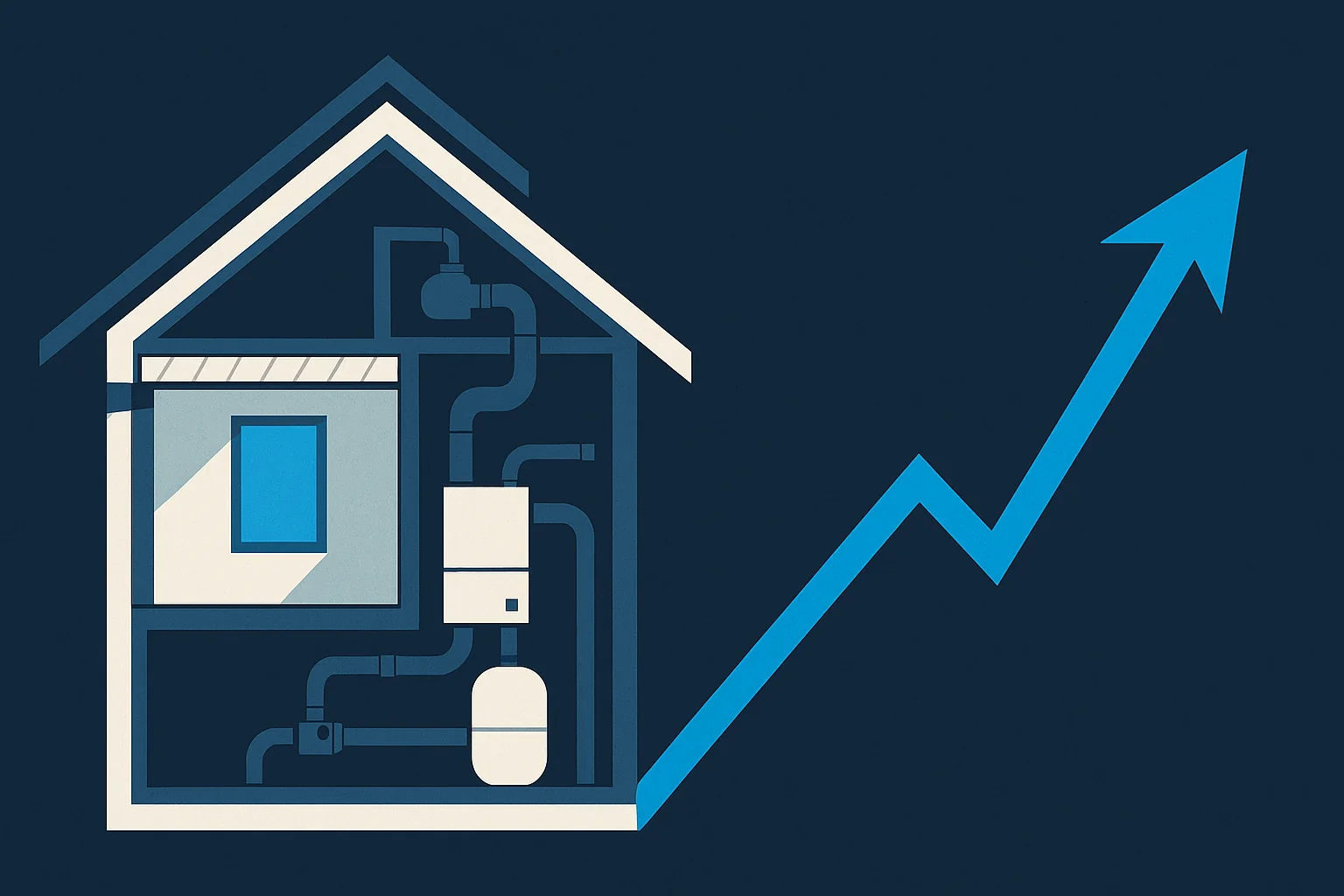 Illustration of a house cross section with insulation, window, and mechanical upgrades beside a rising curve drawn as abstract geometry.