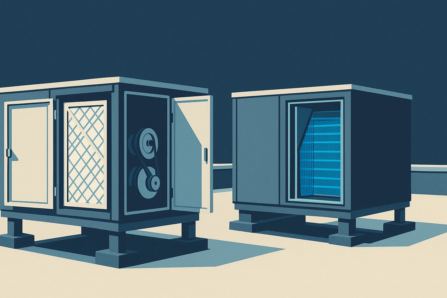 Illustration of two rooftop packaged units with access doors open showing filters, belts, and coils on a flat roof.