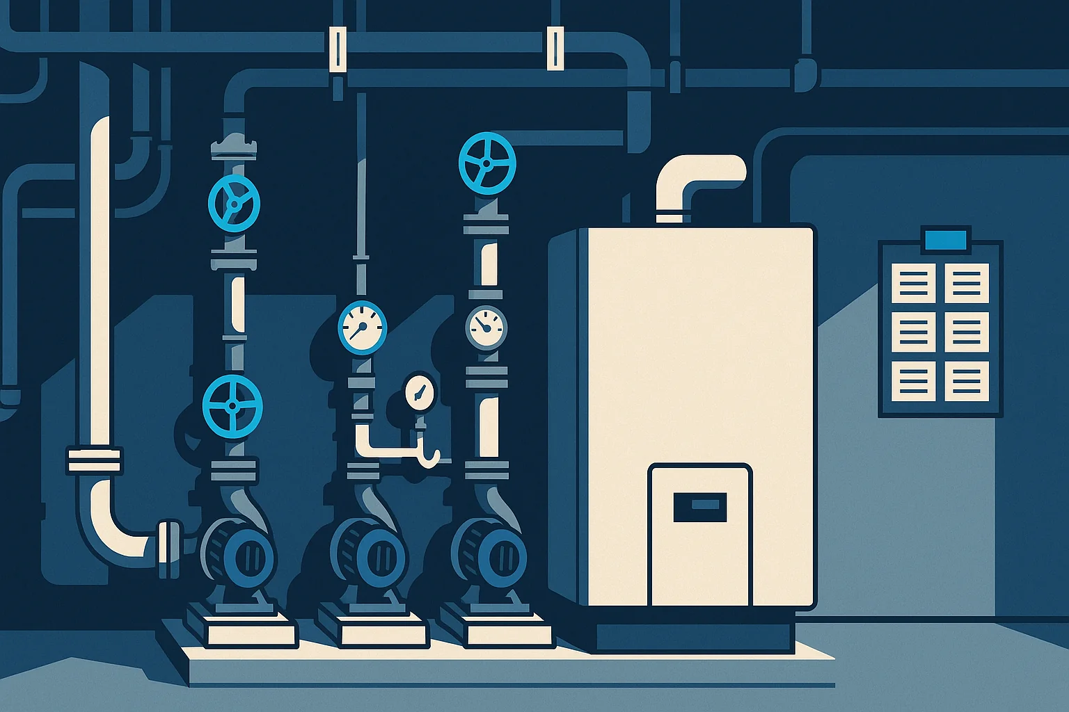 Illustration of a commercial mechanical room with pumps, valves, gauges, a boiler, and a wall rack of service records.