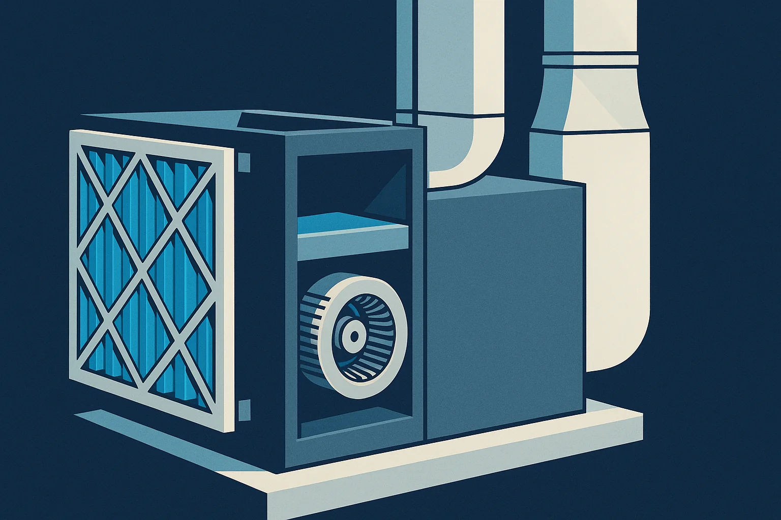 Illustration of a furnace return section with a new pleated filter, blower wheel, and sealed supply plenum ducts.