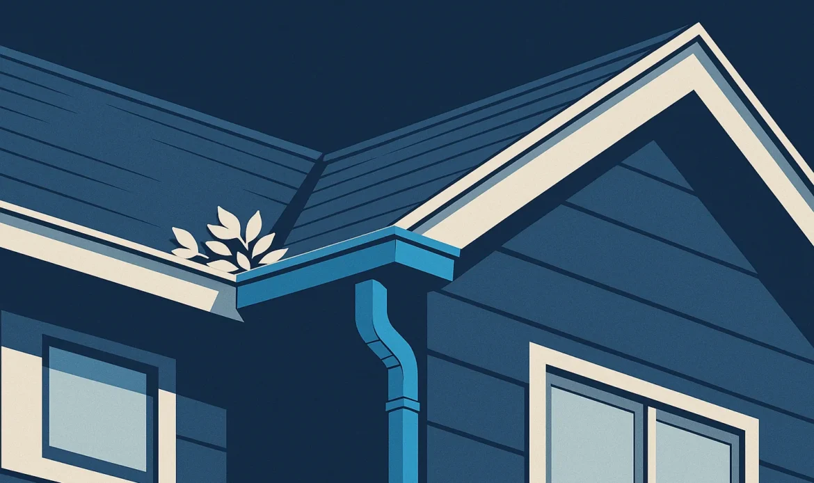 Illustration of a residential roofline with gutters, a downspout, and fallen leaves collecting in the valley.