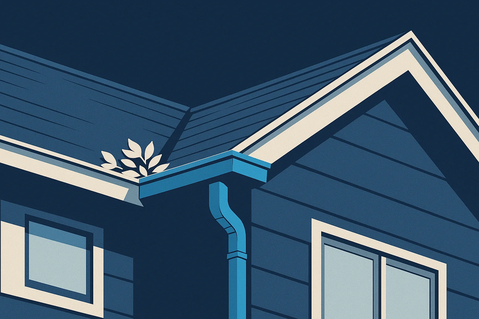 Illustration of a residential roofline with gutters, a downspout, and fallen leaves collecting in the valley.