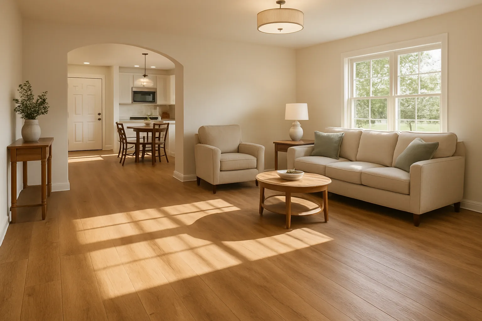Wide-plank luxury vinyl flooring installed in a bright open-plan living room