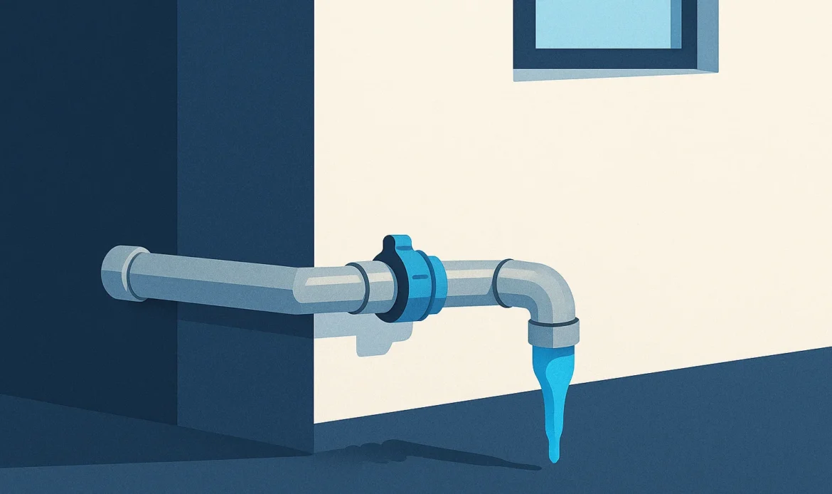 Illustration of a sump discharge line exiting a foundation wall with an ice plug at the outlet and a freeze relief fitting.