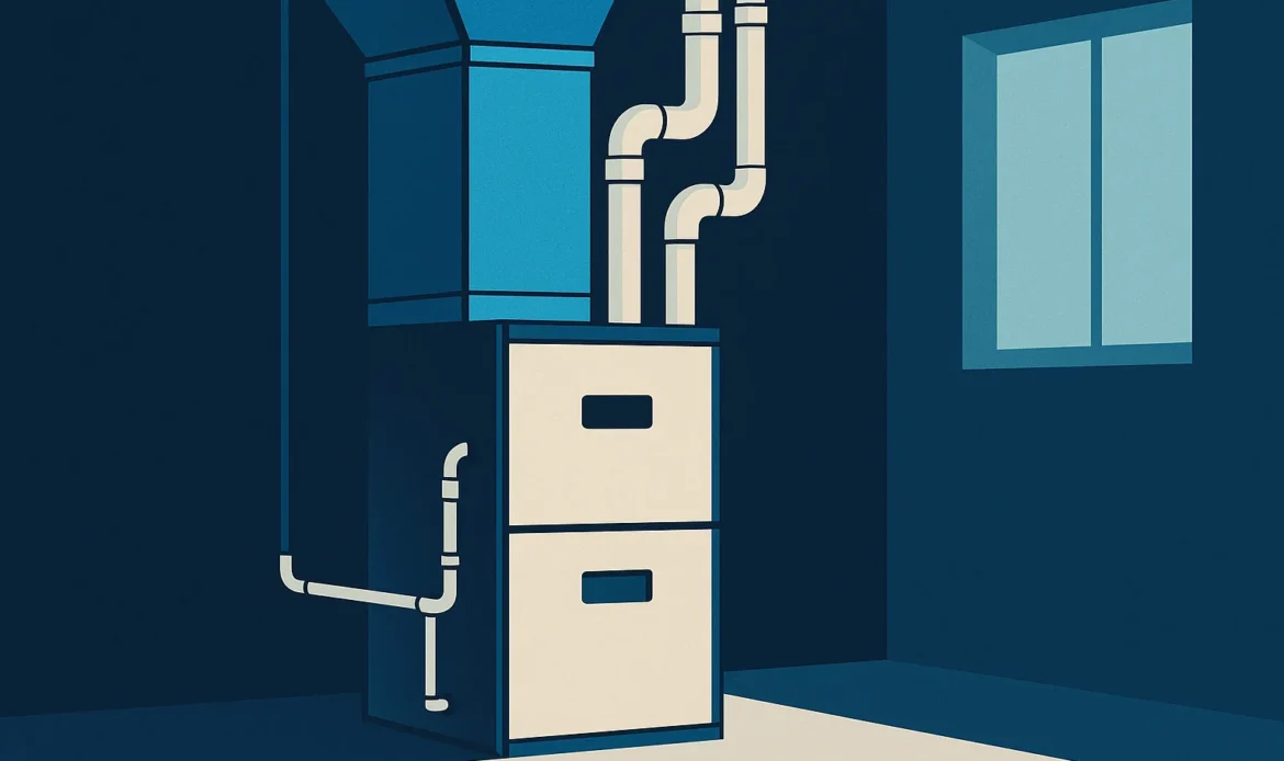 Illustration of a mechanical room with a high efficiency furnace, PVC venting, condensate line, and supply plenum.