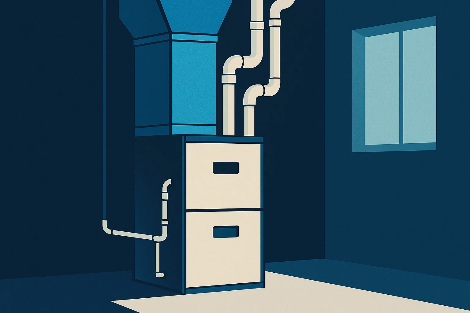 Illustration of a mechanical room with a high efficiency furnace, PVC venting, condensate line, and supply plenum.