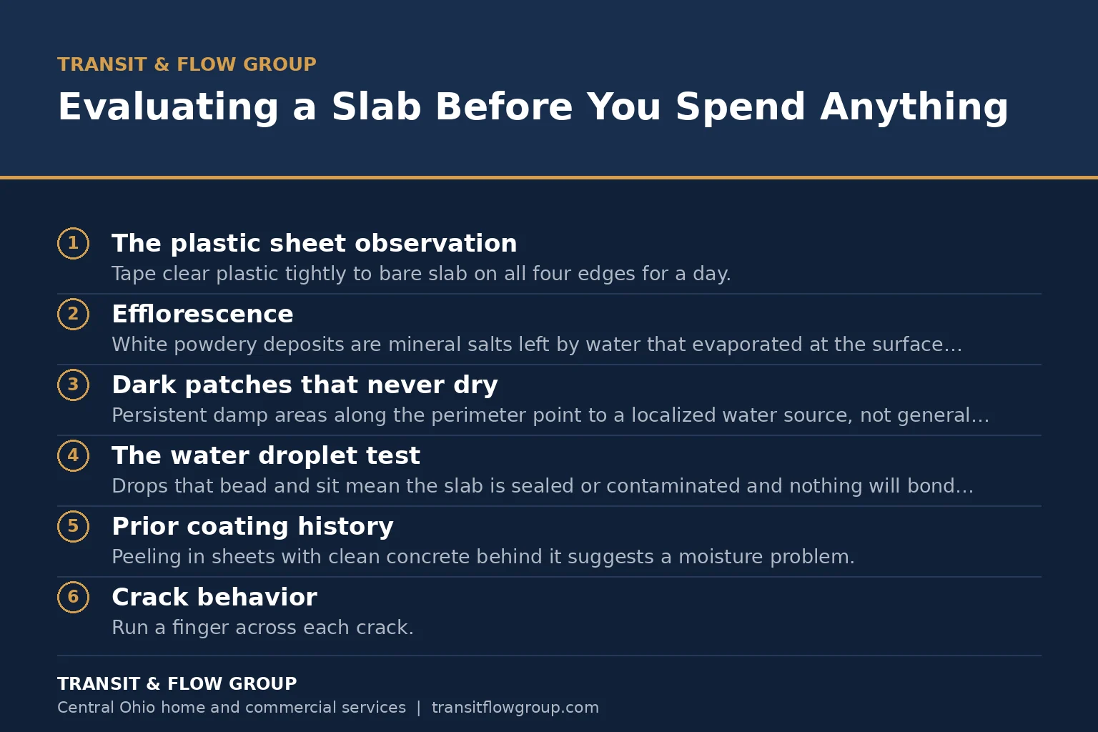 Checklist graphic summarizing evaluating a slab before you spend anything.