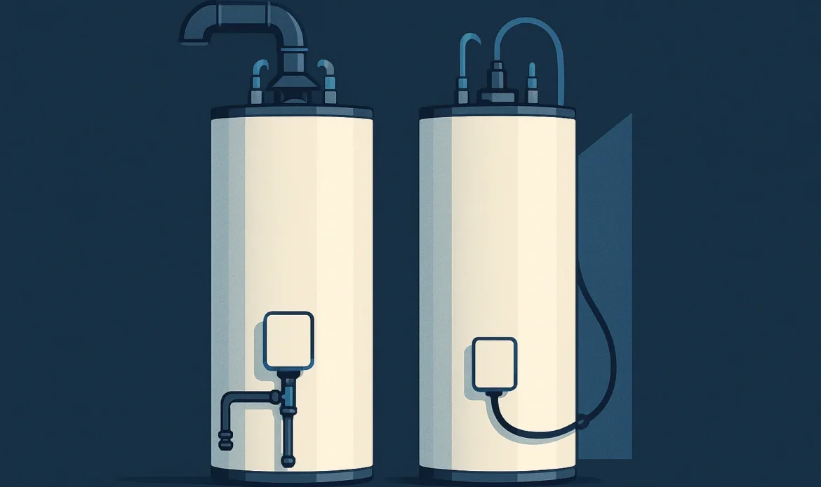 Illustration of two tank water heaters side by side, one with a flue and gas line, one with an electrical whip.