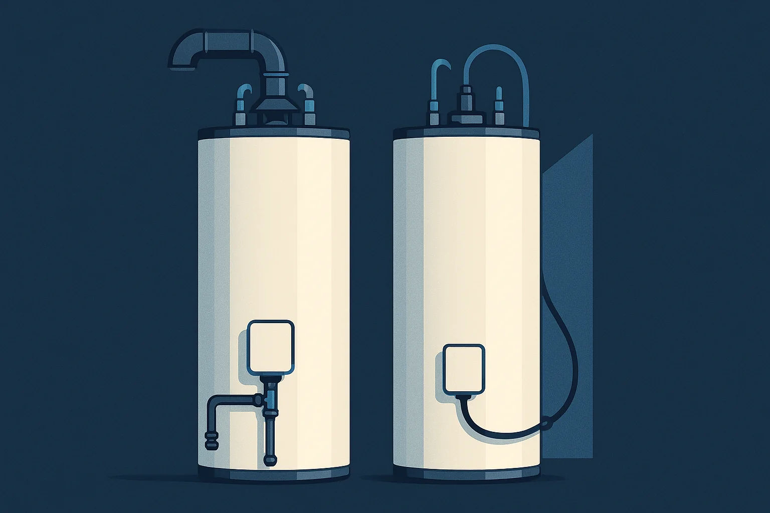 Illustration of two tank water heaters side by side, one with a flue and gas line, one with an electrical whip.