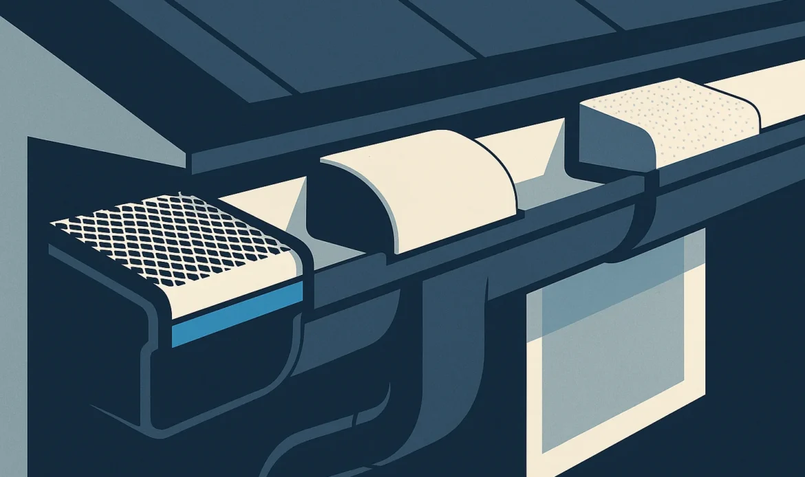 Illustration of a cross section comparing mesh, reverse curve, and foam gutter guards in one gutter run.
