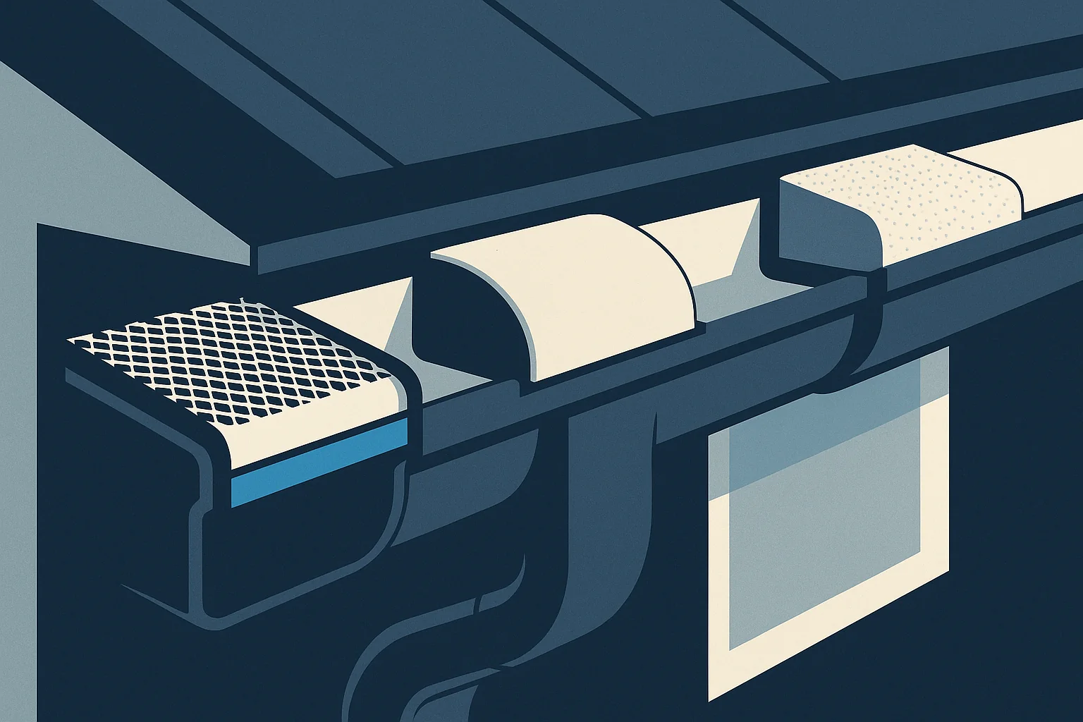 Illustration of a cross section comparing mesh, reverse curve, and foam gutter guards in one gutter run.