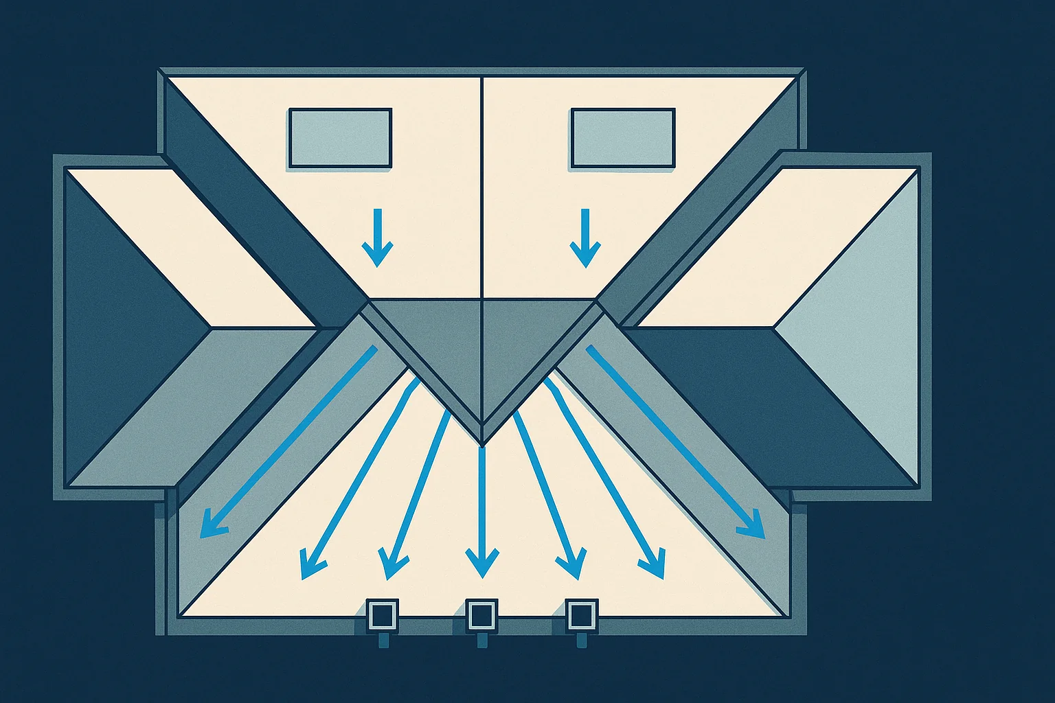 Illustration of a roof plan with valley flow arrows converging on sized downspout outlets.