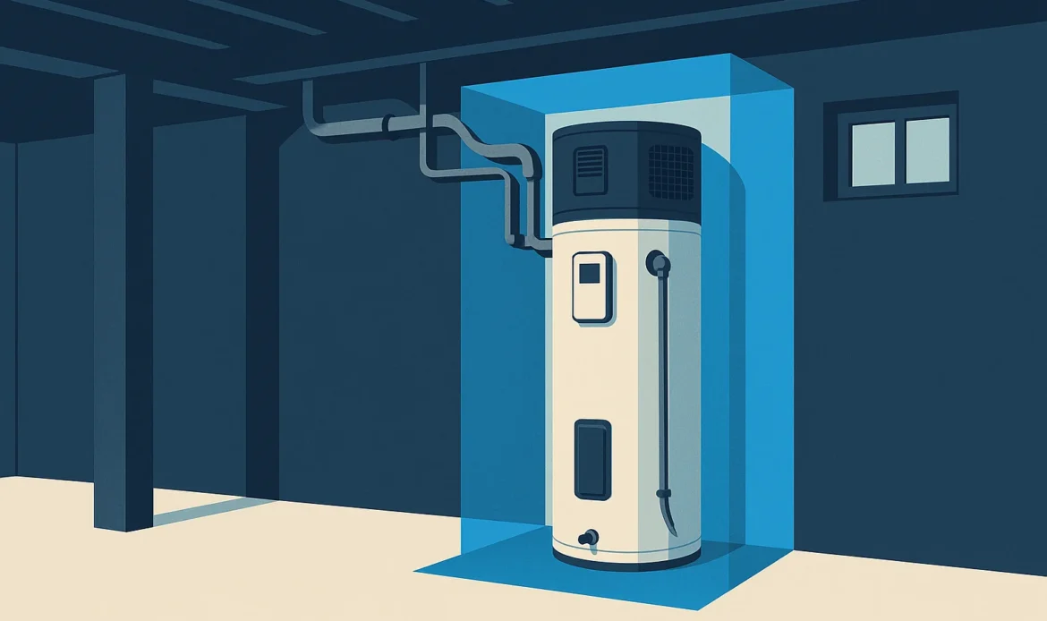 Illustration of a basement utility corner with a heat pump water heater, condensate drain, and its clearance envelope indicated.