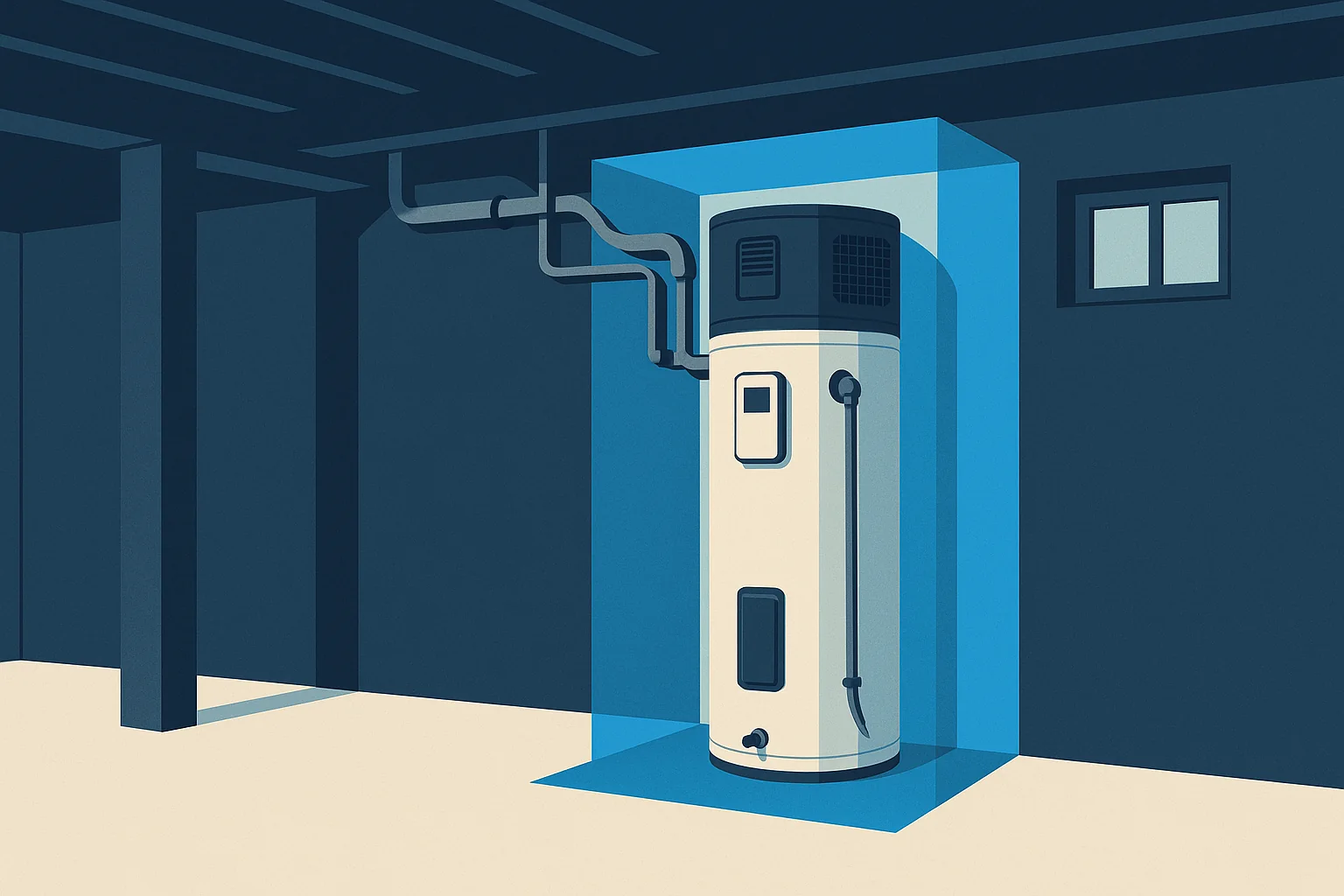 Illustration of a basement utility corner with a heat pump water heater, condensate drain, and its clearance envelope indicated.