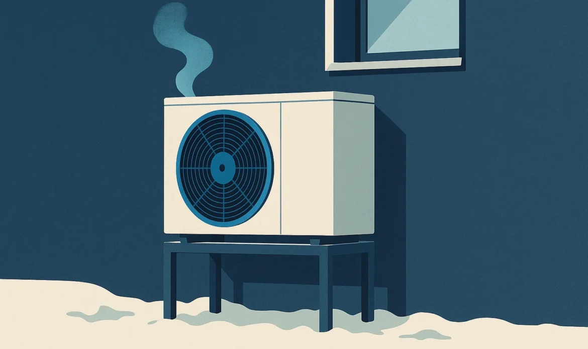 Illustration of an outdoor heat pump unit raised on a stand above snow with a defrost vapor plume.