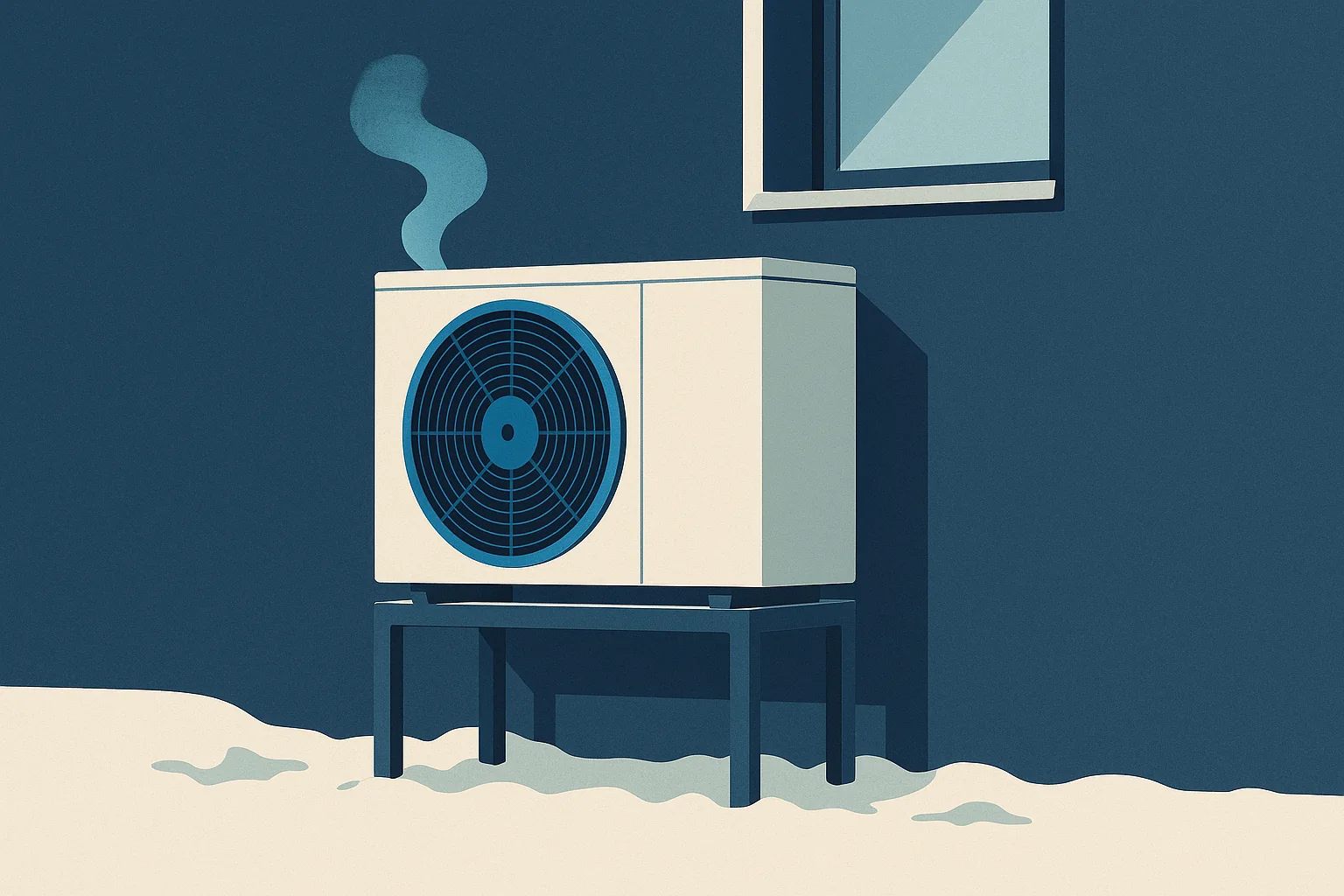 Illustration of an outdoor heat pump unit raised on a stand above snow with a defrost vapor plume.