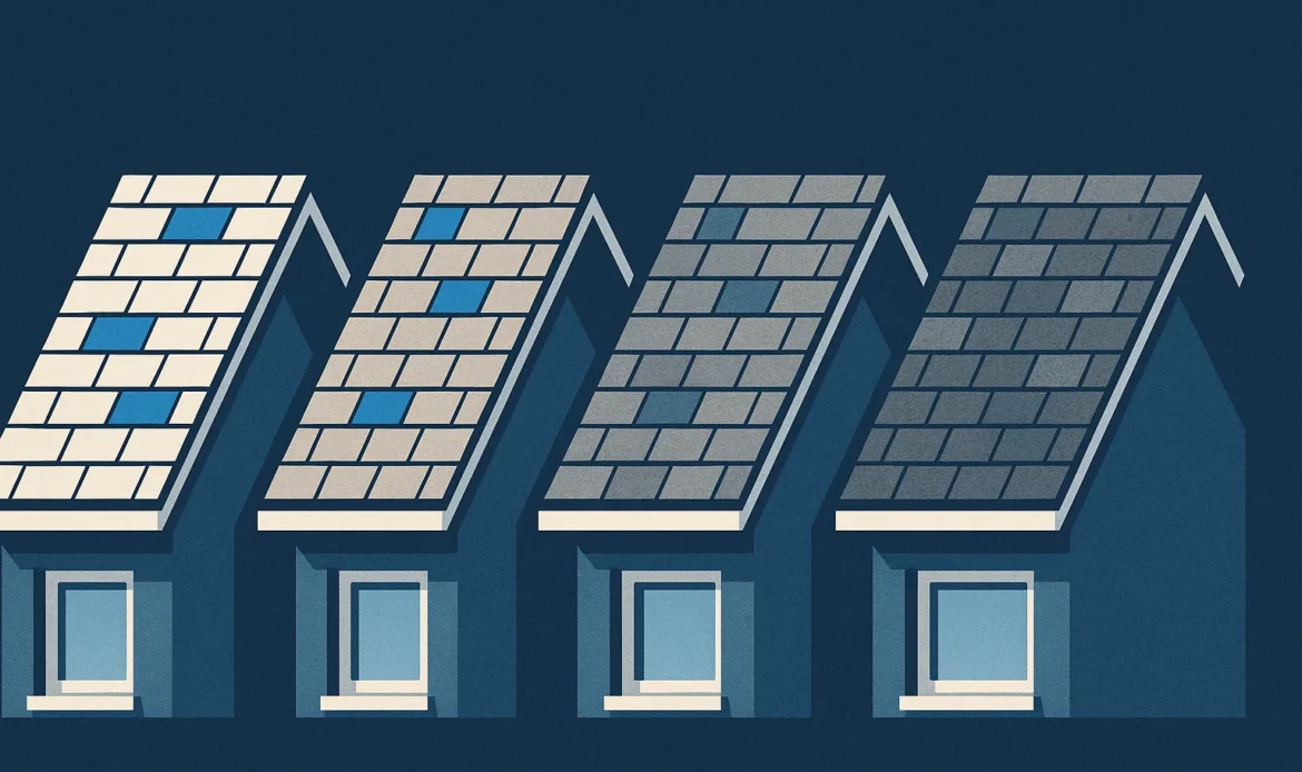 Illustration of one shingle roof plane shown at four stages of weathering from new to worn.