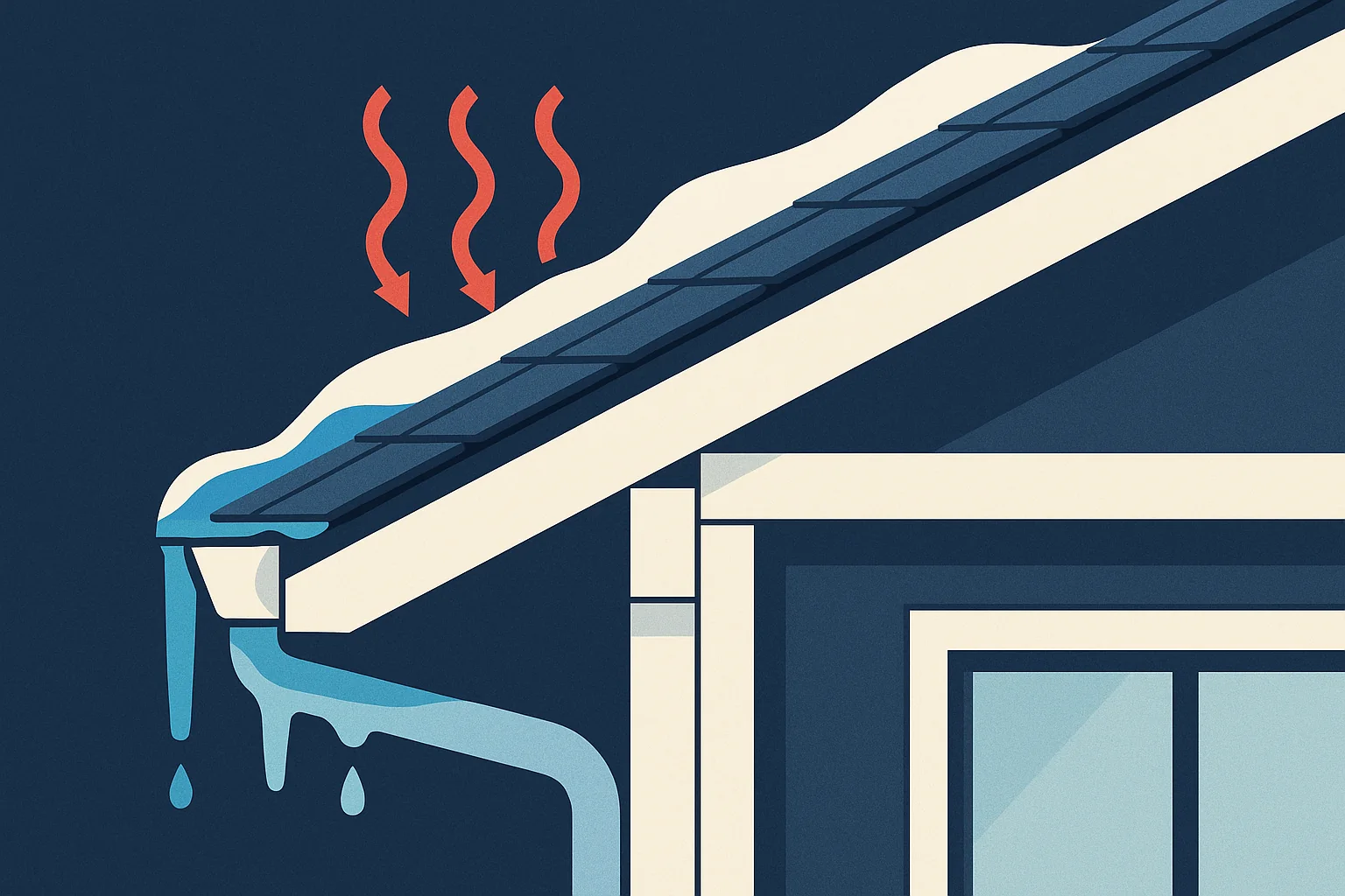 Illustration of an eave cross section showing heat loss, meltwater, refreeze at the cold overhang, and water backing up under the shingles.