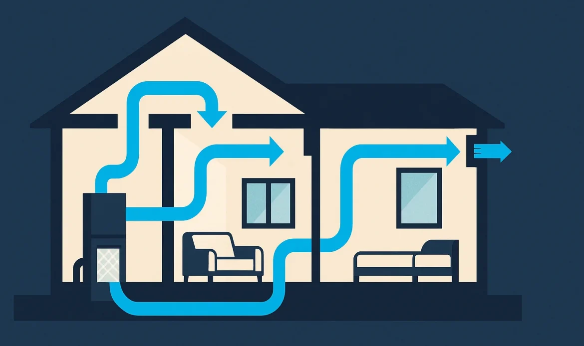 Illustration of an air path through a home showing filtration at the air handler, a fresh air intake, and exhaust points.