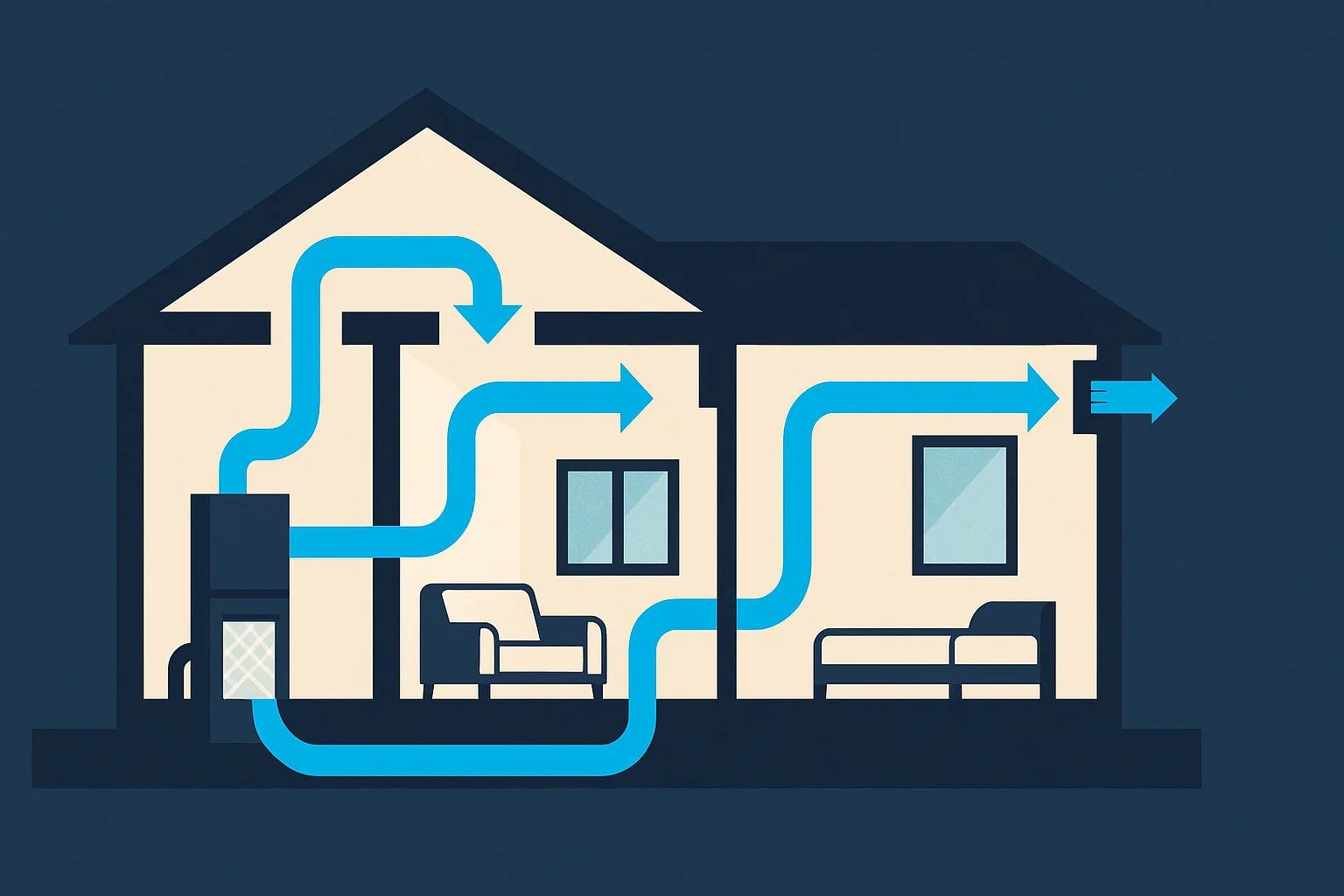 Illustration of an air path through a home showing filtration at the air handler, a fresh air intake, and exhaust points.