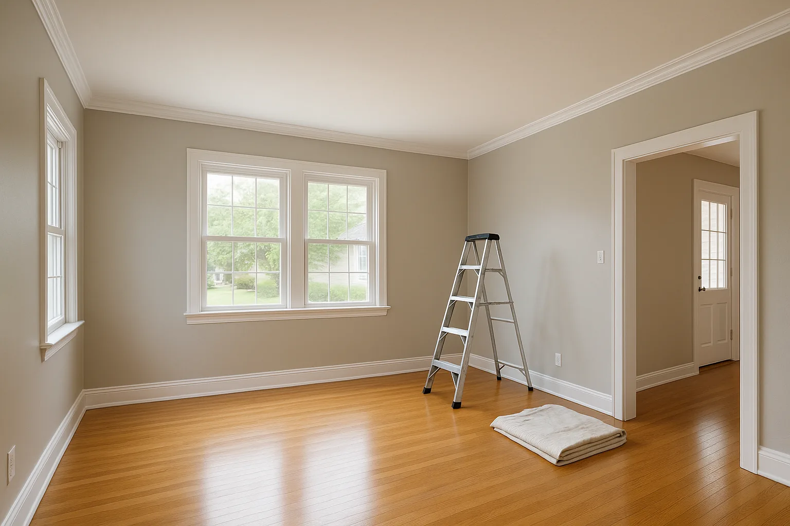 Freshly painted living room with smooth gray walls and crisp white trim