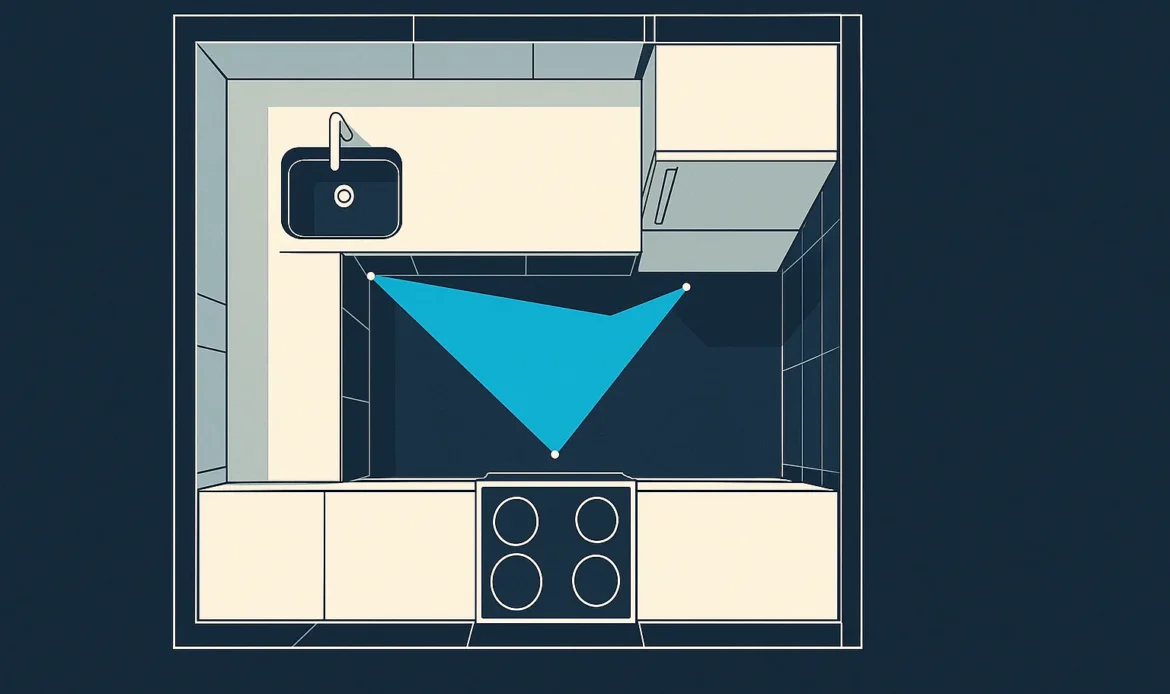 Illustration of an overhead kitchen plan with work triangle geometry between sink, range, and refrigerator.