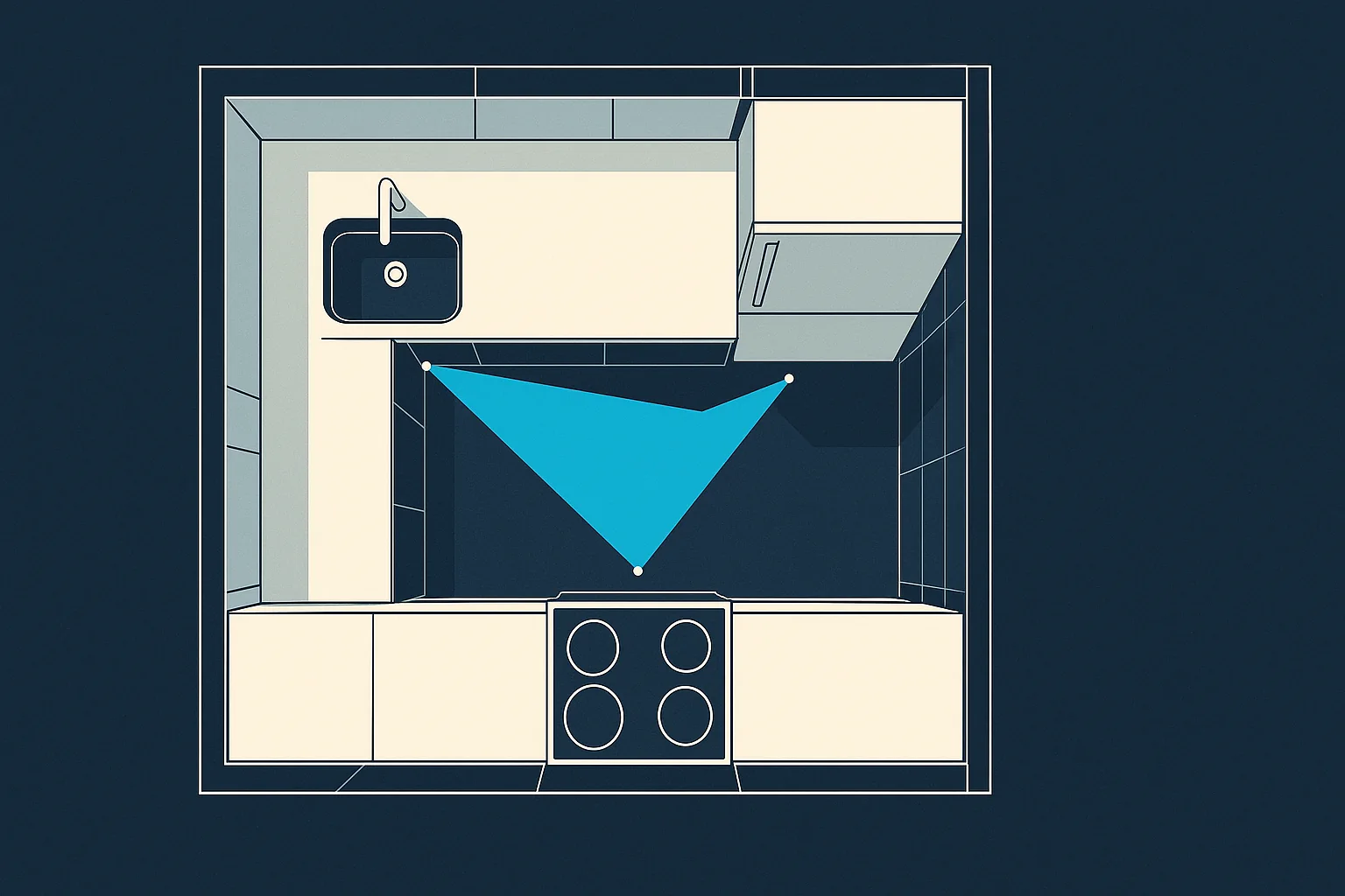 Illustration of an overhead kitchen plan with work triangle geometry between sink, range, and refrigerator.