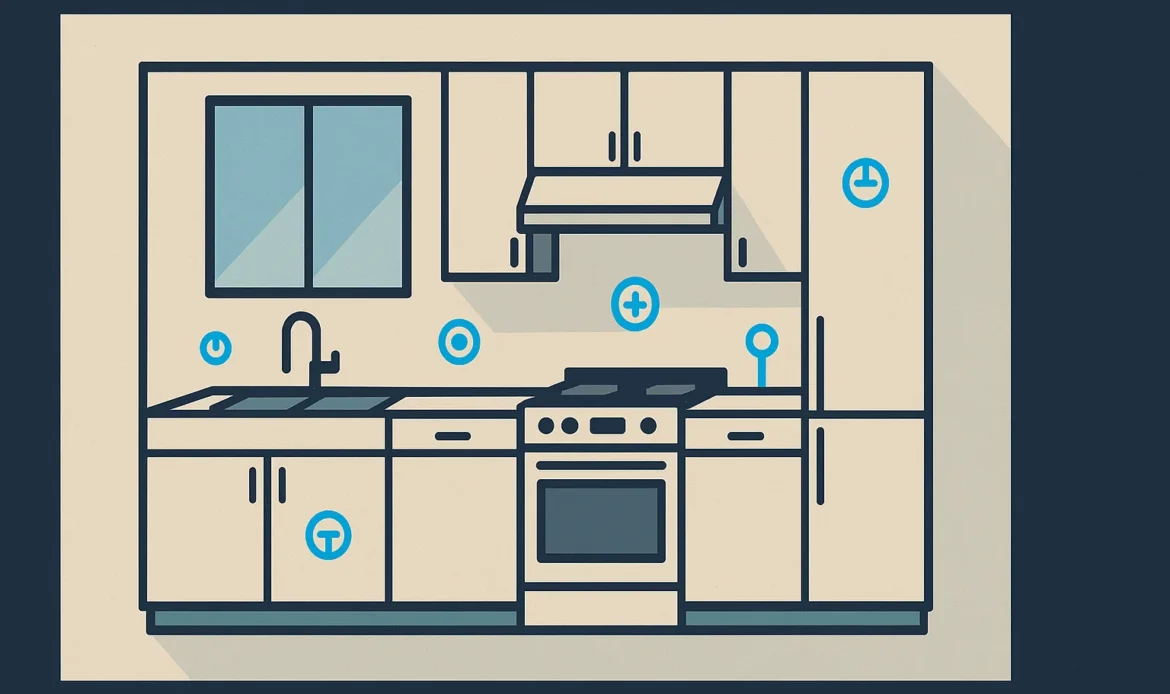 Illustration of a kitchen plan sheet with electrical and plumbing rough in shown as symbols.